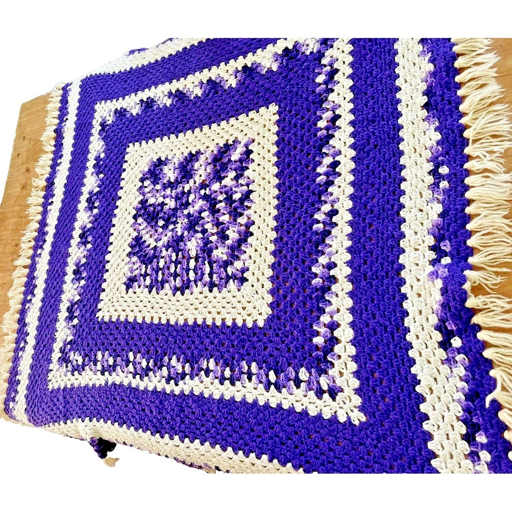 Handmade Crochet Blanket White and Purple Wool Blend Boho Cottage Square 60" - Picture 2 of 5